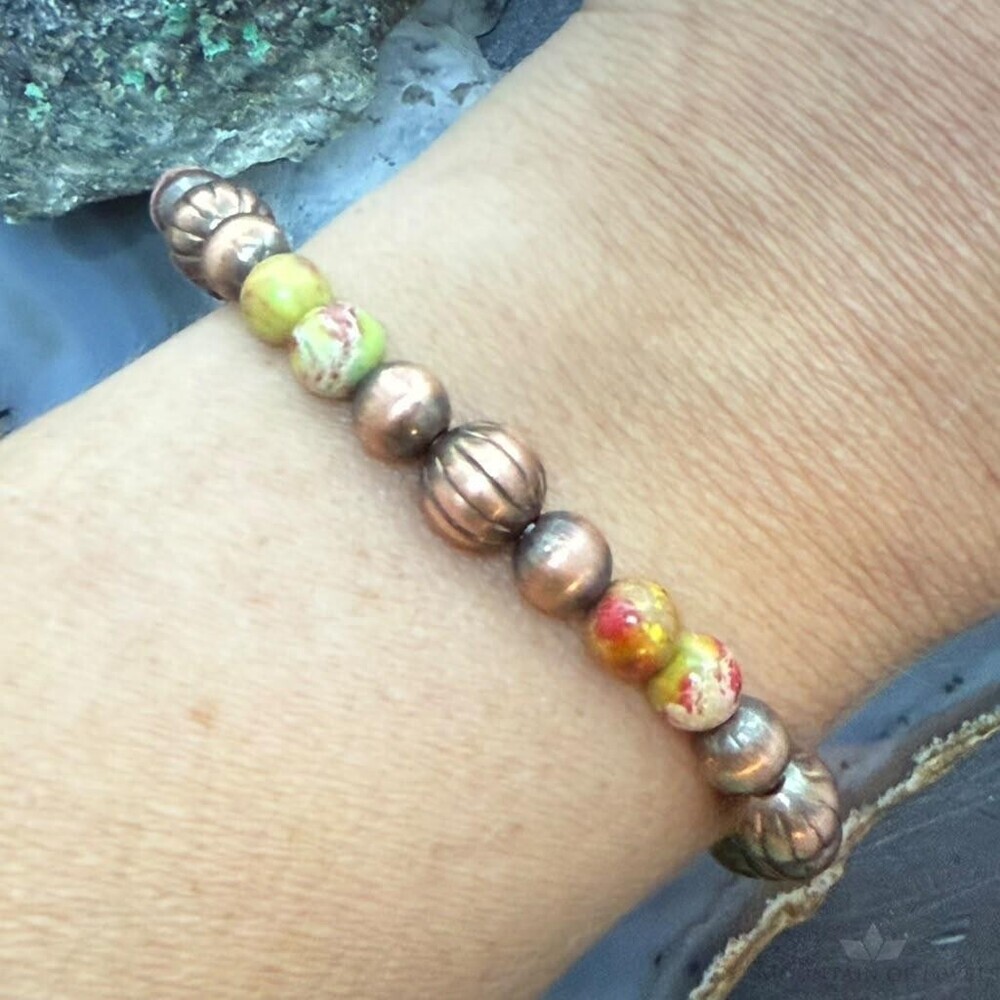 Southwestern Style Copper 6-8mm Navajo Pearl Beads & 6mm Jasper Stretch Bracelet